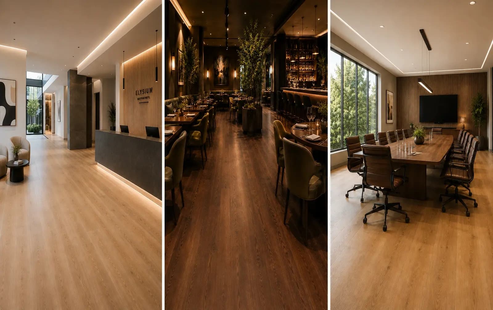 Commercial floor project — hotel lobby or restaurant with professionally refinished solid wood flooring