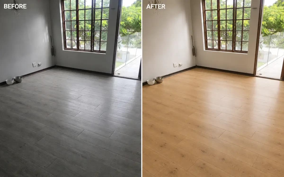 Engineered hardwood flooring — premium real-wood finish installed in a bright interior