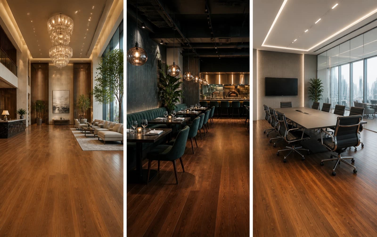 Commercial floor project — hotel lobby or restaurant with professionally refinished solid wood flooring