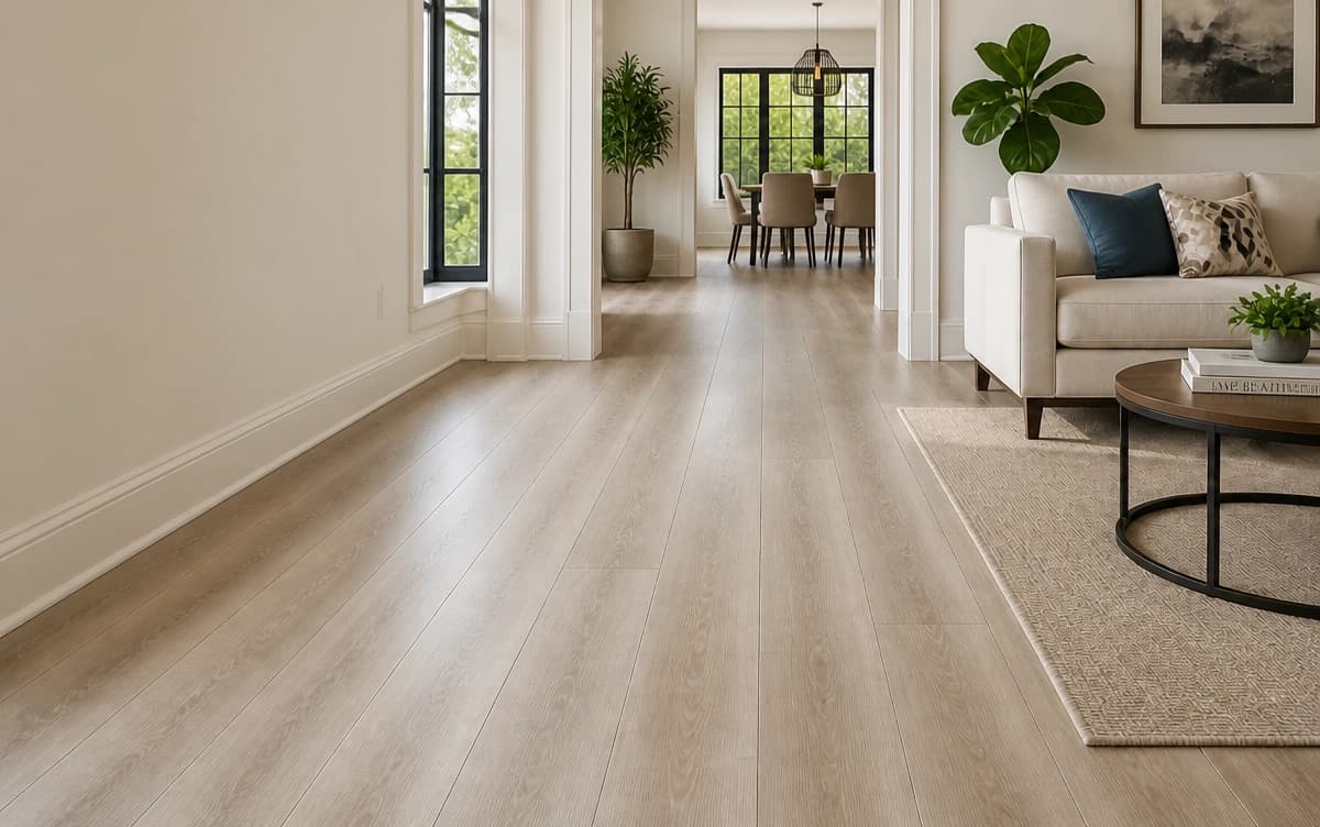 Engineered hardwood flooring — premium real-wood finish installed in a bright interior