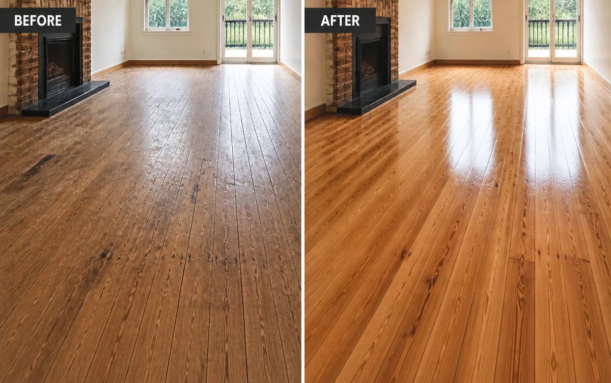 Timber floor sanding and restoration — solid wood floor refinished to European standard
